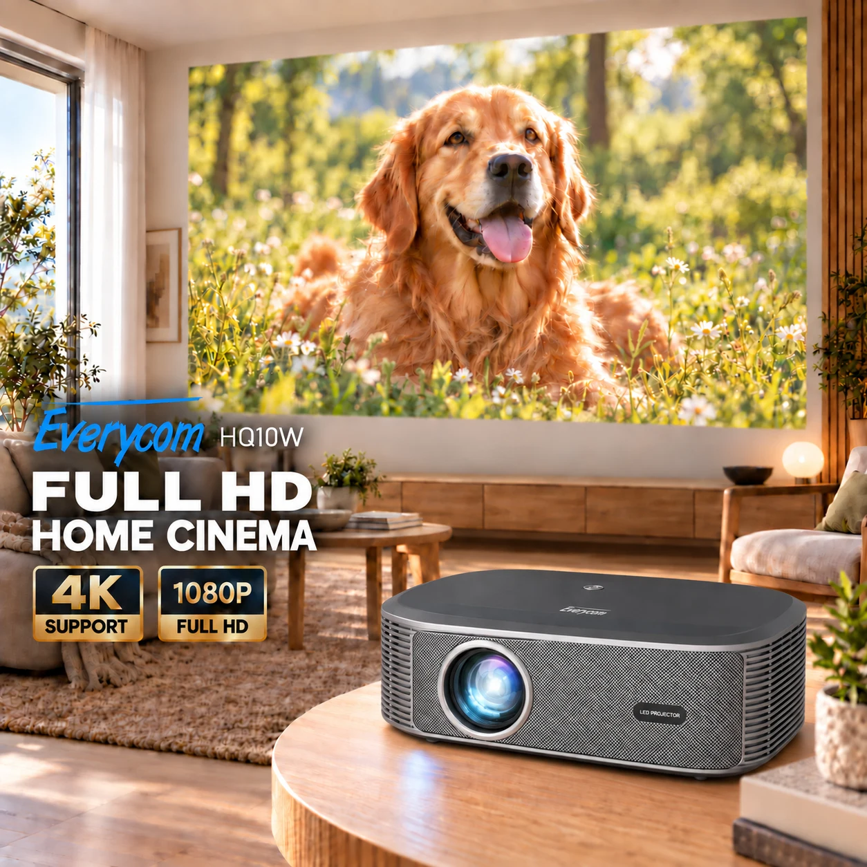 Proyector Everycom HQ10W 2026 Actualizado, Nativo 1080P Full HD con Soporte 4K, Enfoque Automático y Corrección Trapezoidal Automática