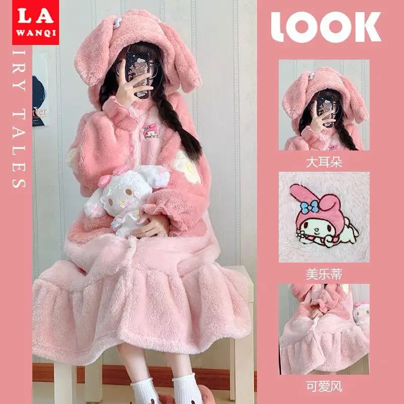 Sanrio Anime Kawaii kuromi My Melody Fleece Pajamas Autumn Winter Coral Thickened Long Comfortable Nightdress Home Wear