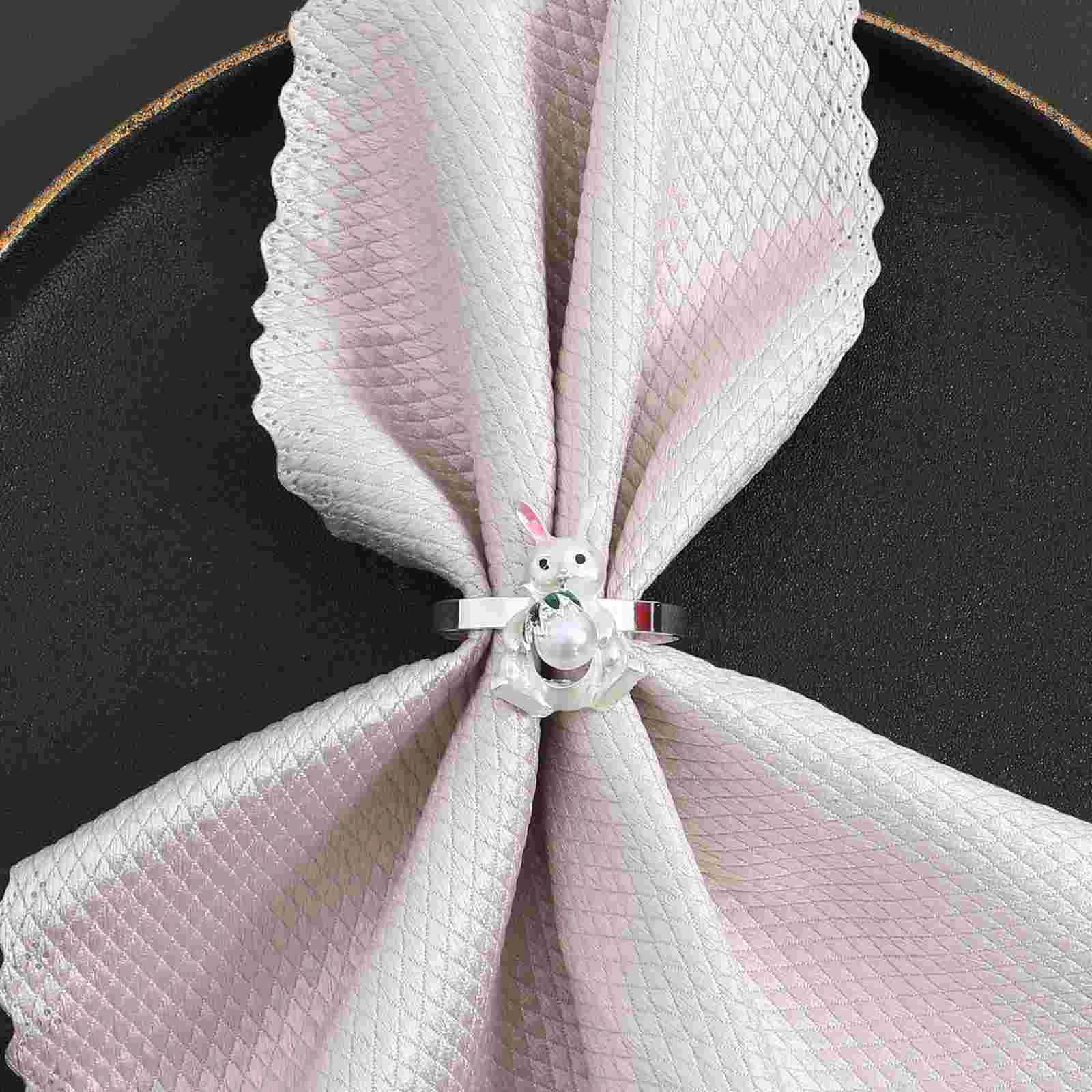 6 Pcs Rabbit Napkin Rings Alloy Serviette Chic Buckle Accessories Bunny Hotel Wear-resistant Pearl Reusable Party Banquet