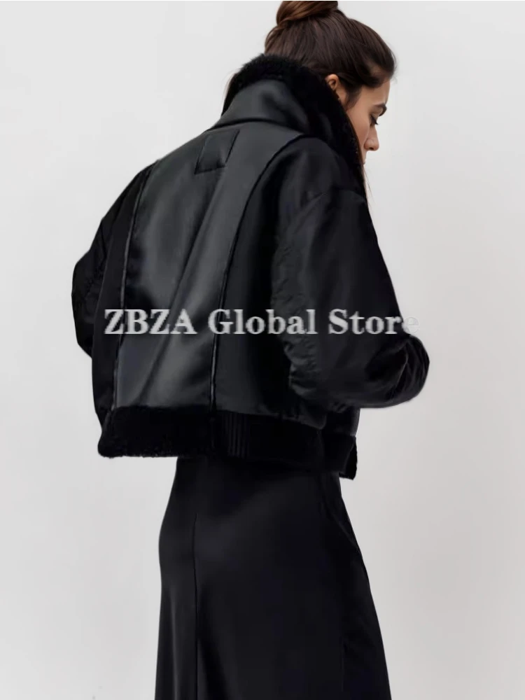 ZBZA Women Vintage Spliced Faux Wool Jacket Coat  Long Sleeves Lapel Oblique Zip Pocket Warm Outerwear Winter New Female Jacket