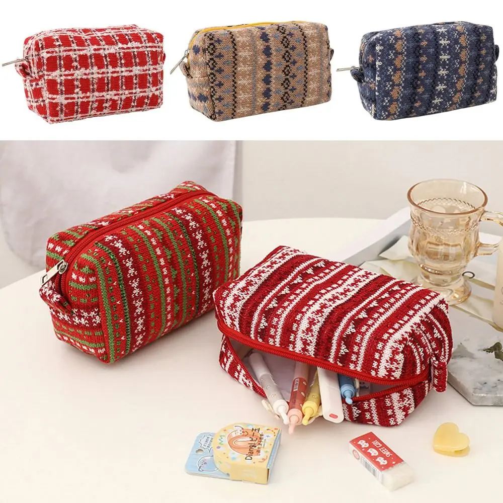 School Supplies Simple Cartoon Woolen Storage Bag Christmas Red Makeup Bag New Year Pencil Bag Large Capacity