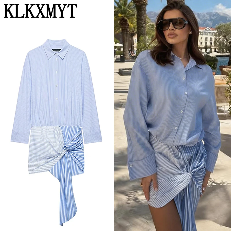 KLKXMYT Damenmode Hemdkleid mit blauen Streifen, langärmelig, Revers, einreihig, Patchwork, geknotet, Minikleid ﻿