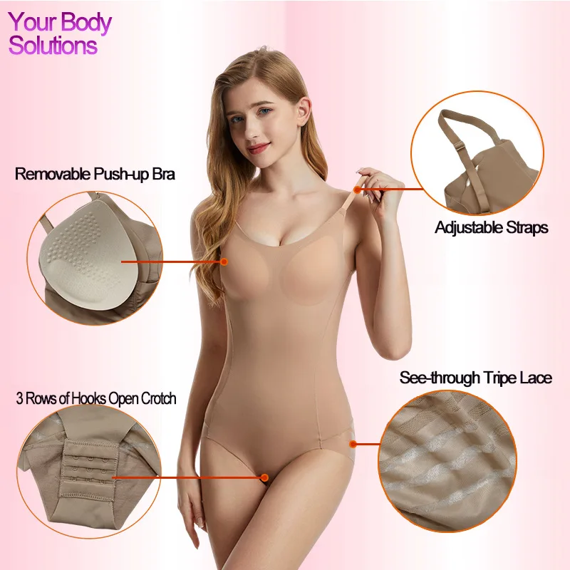 Cross-Border Women's One-Piece Shapewear Seamless Adhesive Bare Sensation Shapewear Buttoned Crotchless with Chest Pads Push-Up