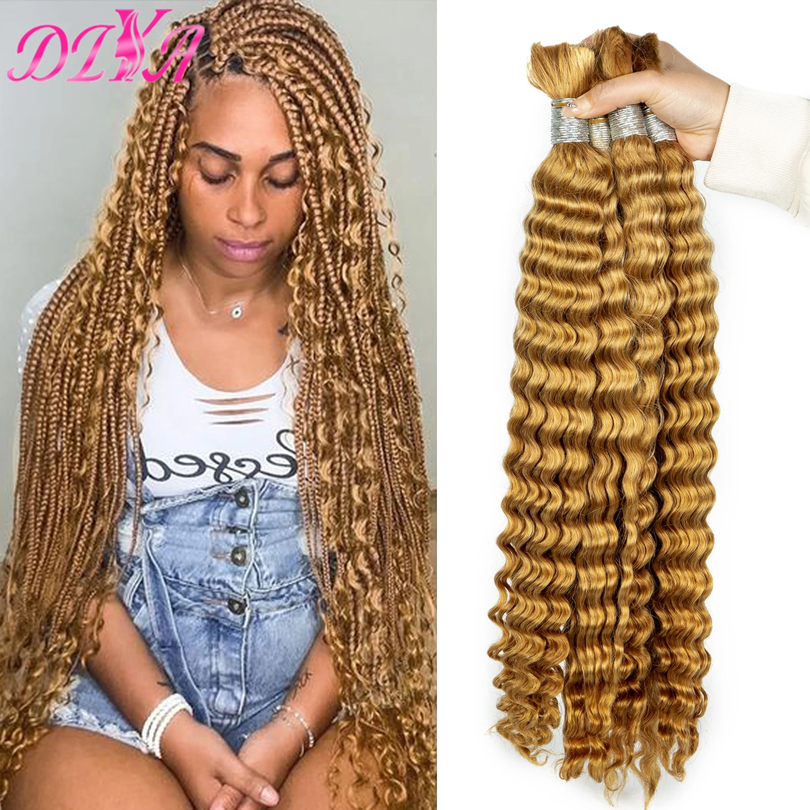 

27# Blonde Human Hair Bulk for Boho Braiding 20 24 28 Inches Deep Wave Virgin Hair Extension Braids No weft Hair Bulk Extensions