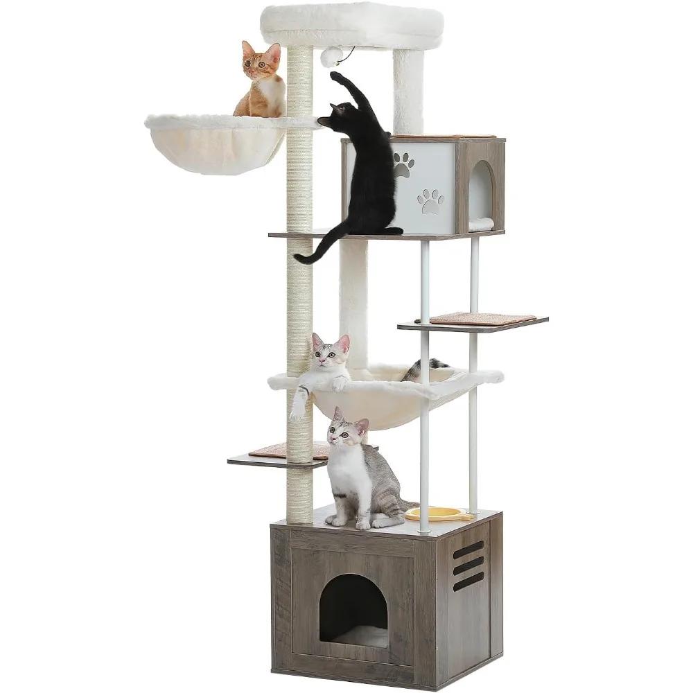 

PAWZ Road Large Cat Tree with Food Station, 74.8 Inches Wooden Tall Cat Tower with Extra Large Condos and Hammocks,Spacious Perc