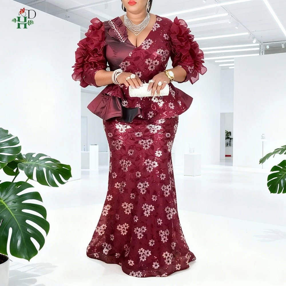 

Африканское платье русалки больших размеров с баской и v-образным вырезом, с прозрачными рукавами и блестками, цветочное платье, вечернее платье для свадебной вечеринки