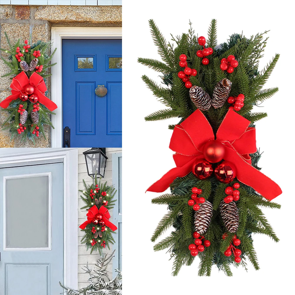 

2 Pcs Hanging Christmas Teardrop Swag with Red Bow and Pine Cone 18Inch Artificial Xmas Wreath Plastic Christmas Stair Garland