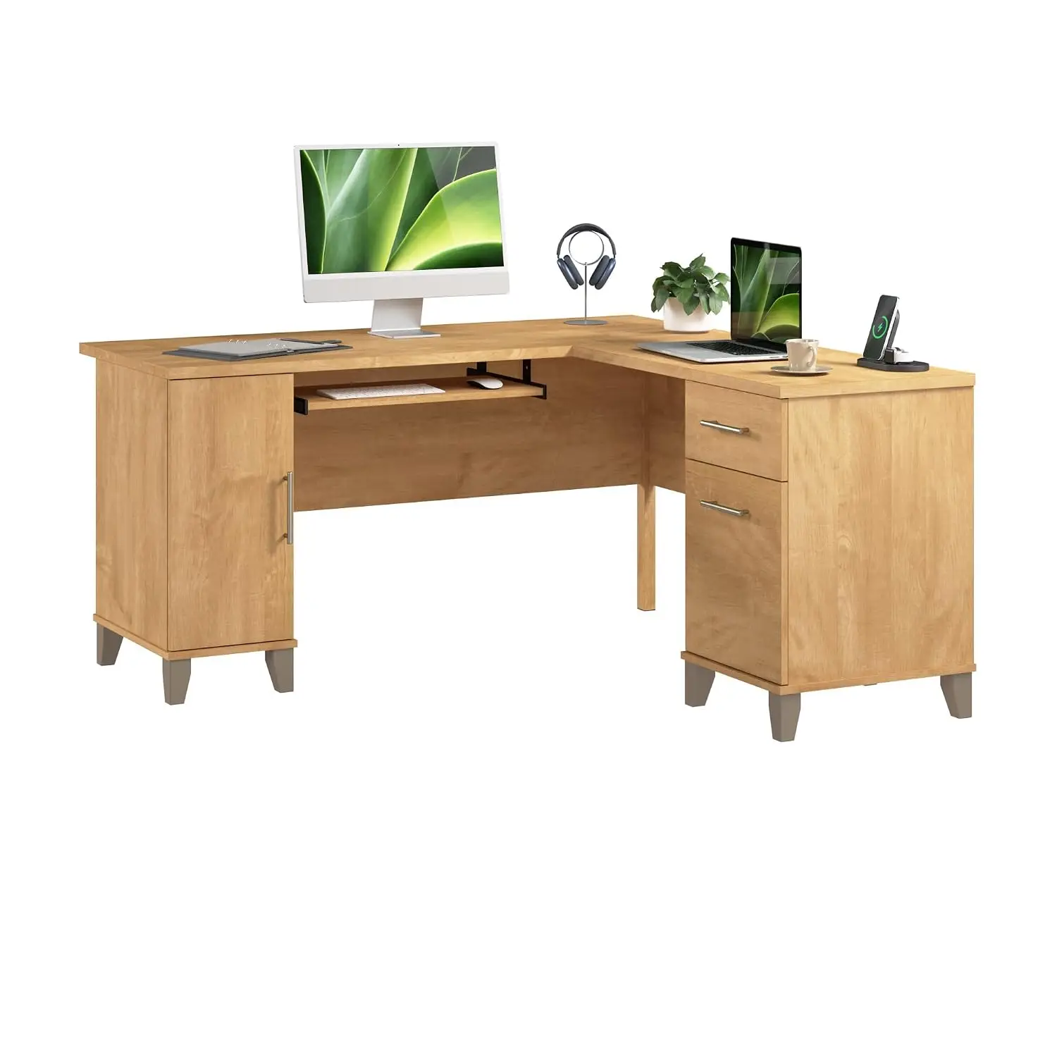 L-Shaped Desk with Drawers & Cabinet, Corner Computer Workstation, Home Office, 60 Inch, Maple Cross, Customized