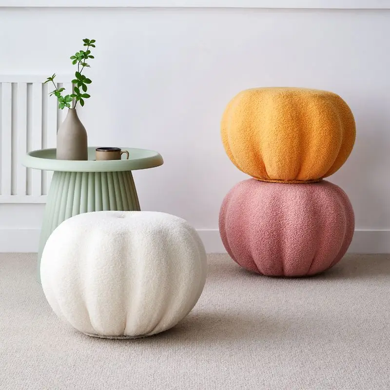 INS Pumpkin Sofa Low Stool Home Simple Teddy Velvet Round Stool Bench Balcony Bedroom Lazy Tatami Footstool Hallway Shoe Stool