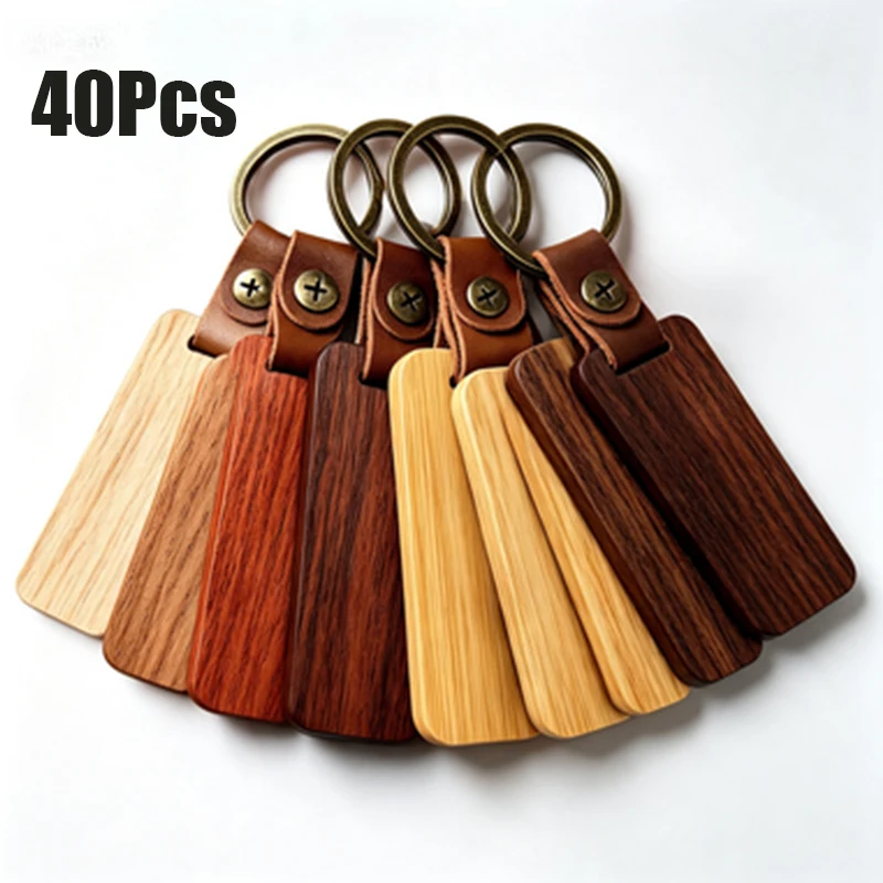 40Pcs Smooth Surface Rectangle Wood Key Blank, Anti-Scratch Rounded Edge Wooden Keyring with Reinforced Leather Strap