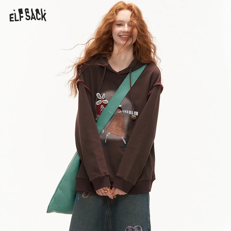 ELFSACK 2024 Autumn New Arrivals Fun Print Casual Hoodie for Women Loose Thin Sweatshirt