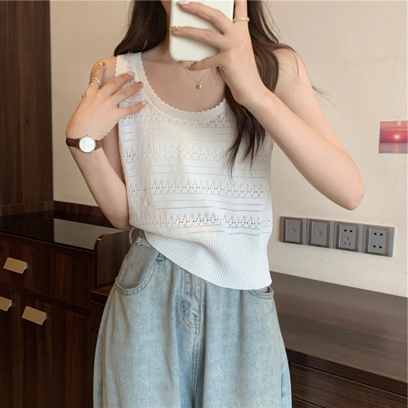 Summer Casual Pullover Tank Female Loose Knitted Top Gentle Bohemian Vacation Beach Hollow Out Vest Blouse Sun Protection