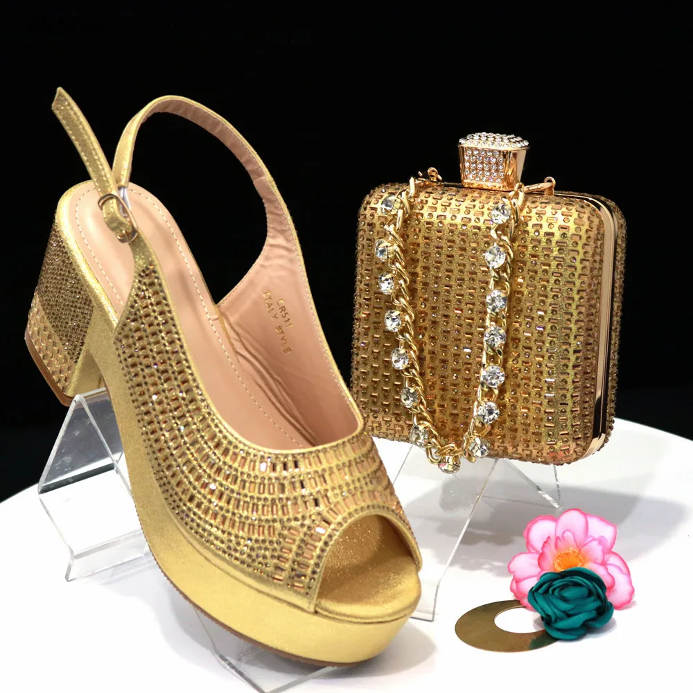 Latest Nigerian Rhinestone Party Women Shoes And Bag Set Italian Style Summer High Heels Shoes And Bags Set For Evening Party