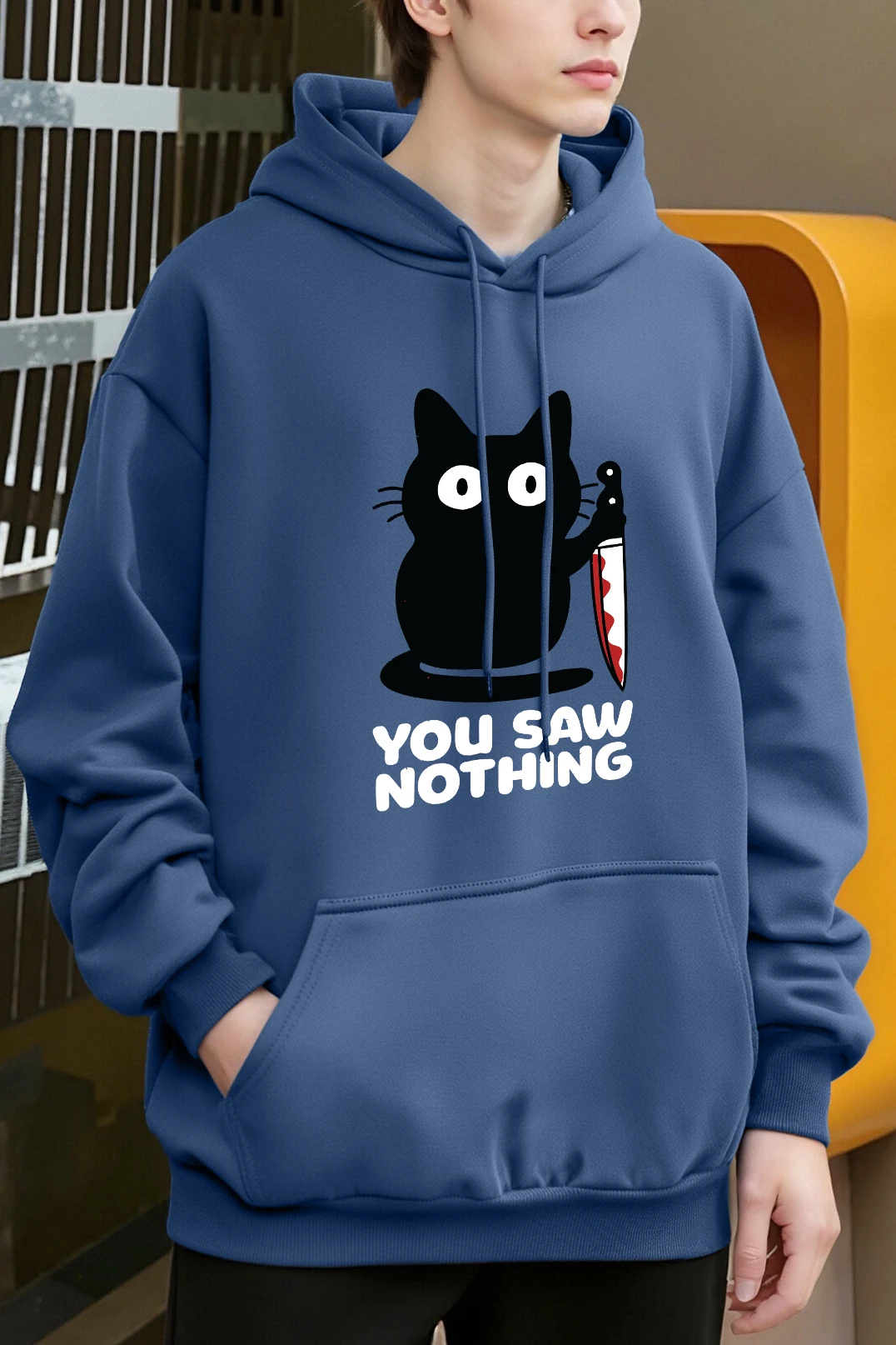 Eine schwarze Katze mit einem Messer Druck Männer Hoodies Hip Hop lose Männer tragen Herbst Mode Y2K Sportswear Straße Tasche männliche Kleidung