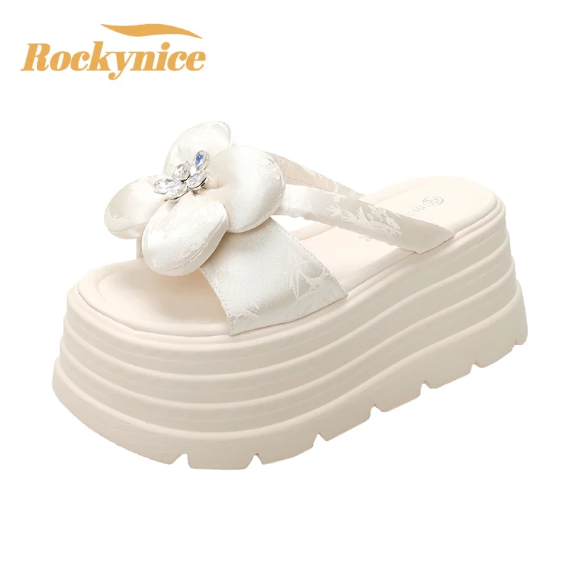 

Женские тапочки без шнуровки на толстой подошве, лето 2024, сандалии с цветочным принтом, уличные массивные шлепанцы, повседневные пляжные шлепанцы, Zapatos Mujer, 8 см