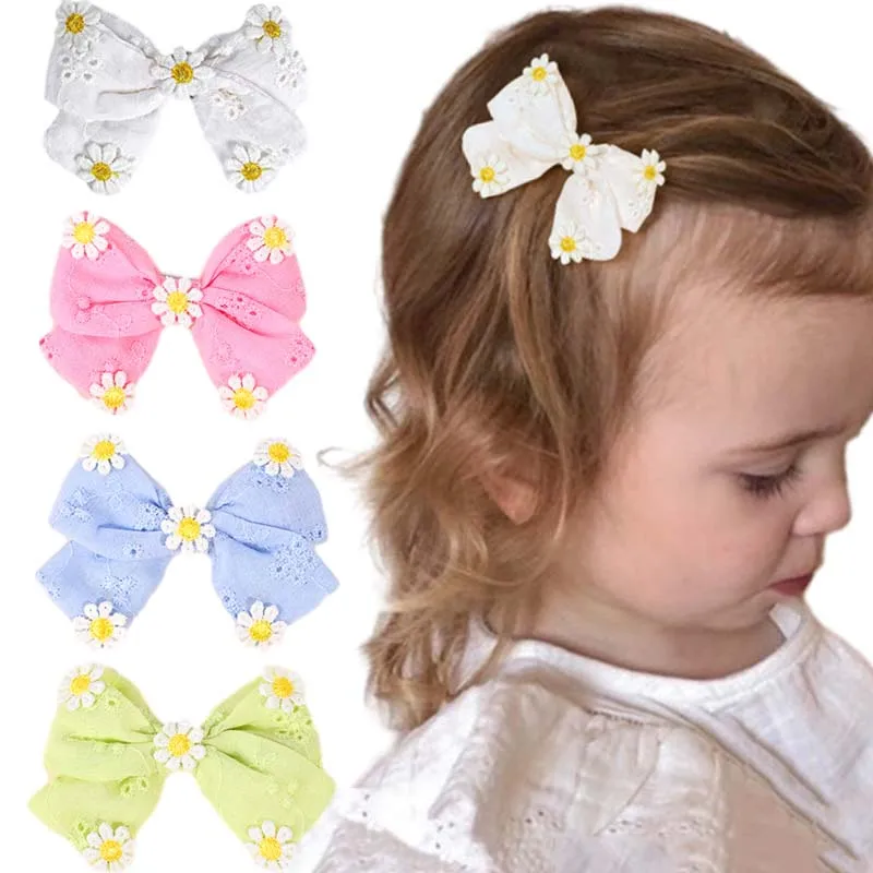 ncmama New Daisy Hair Bow Clips for Baby Girl Cute Handmade Bowknote Hairpin with 5 Flower Barrettes Headwear Hair Accessories