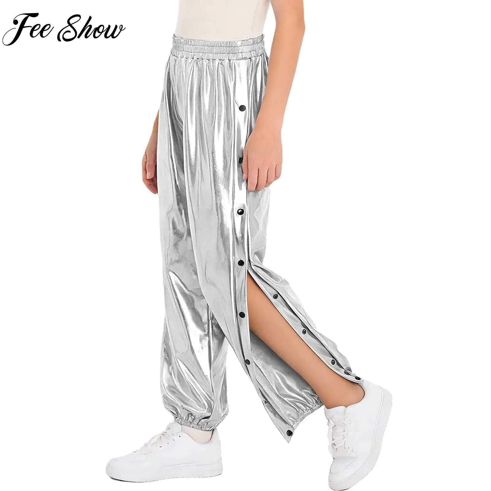 

Boys Girls Jazz Dance Costume Side Split Tear Away Press Button Metallic Pants Shiny Trousers for Basketball Jogging Yoga Sports