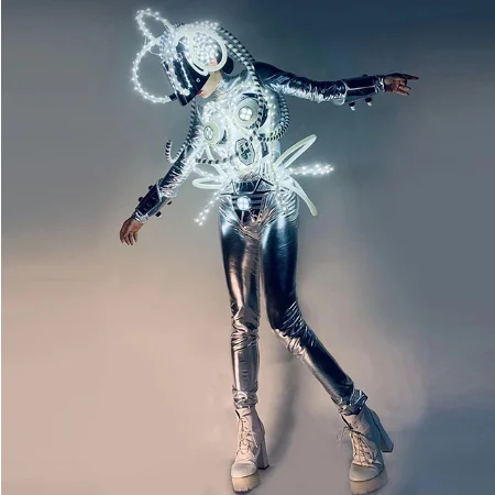 ステージパフォーマンスコスチューム,LEDヘッドウェア,ゴゴダンスウェア,レイブウェアセット,スプリットスーツ,テクノロジーセンスダンサー,新作