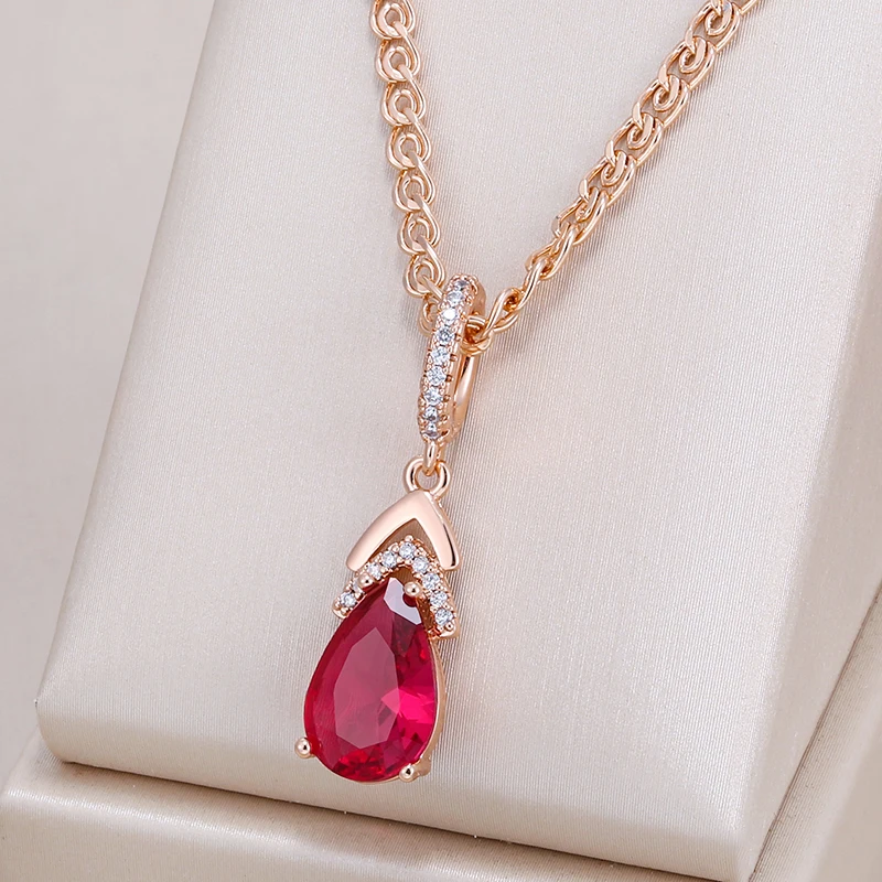 Kinel – collier avec pendentif goutte d'eau rouge vif en Zircon naturel pour femmes, mode 585 couleur or Rose, Vintage, bijoux fins de fête quotidiens