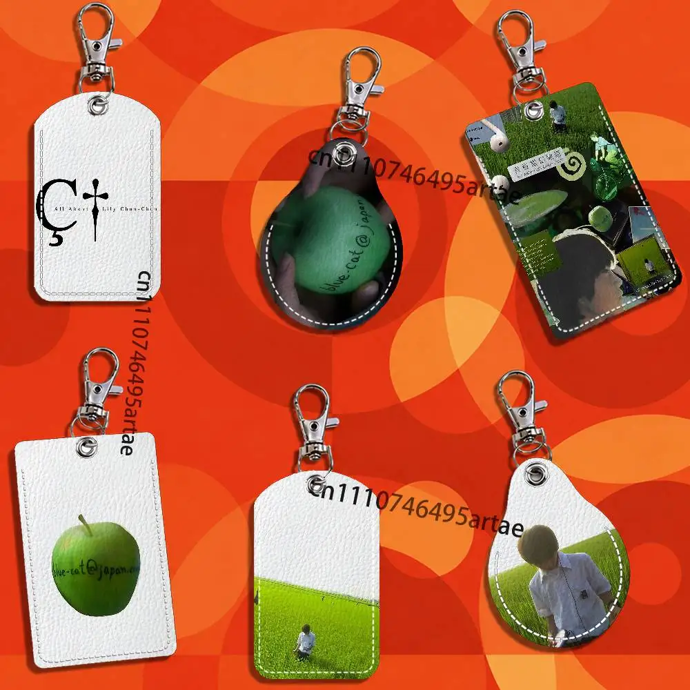 All About Lily Chou-Chou Rectangle ID Card Case Keychain Access Card Bag Key Tag Ring Leather Card Holder Key Ring
