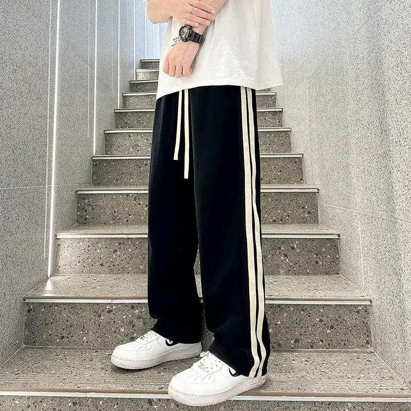 

Summer Thin Casual Sports Pants Mens Loose Straight Simple Trousers Korean Patchwork Side Stripe Section Drape Wide-leg Trousers