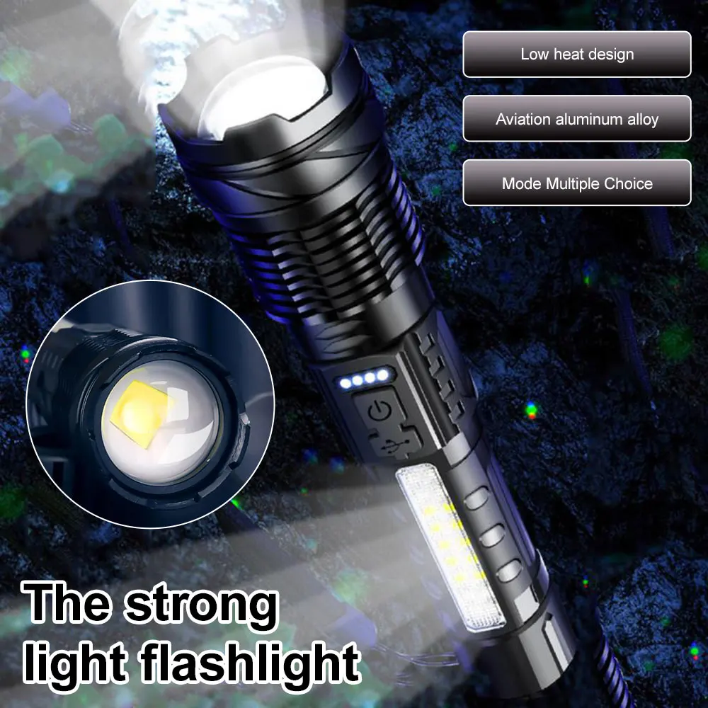 Powerful XHP50/GT10 LED Flashlight Waterproof 18650 Torch With Side Light 5 Modes Camping Fishing Lantern Rechargeable Zoom Lamp