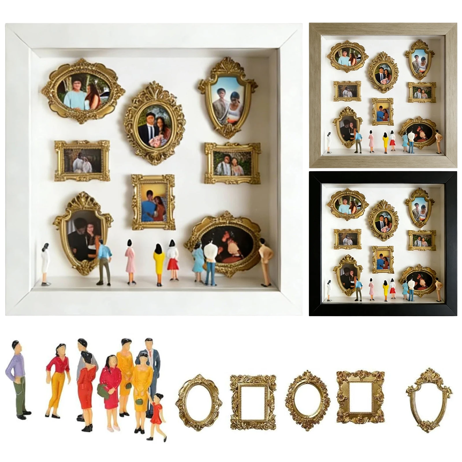 

DIY Mini Museum Silhouette Box Personalized Photo Family Memory Display Case with Gold Mini Frames & Figurines for Home