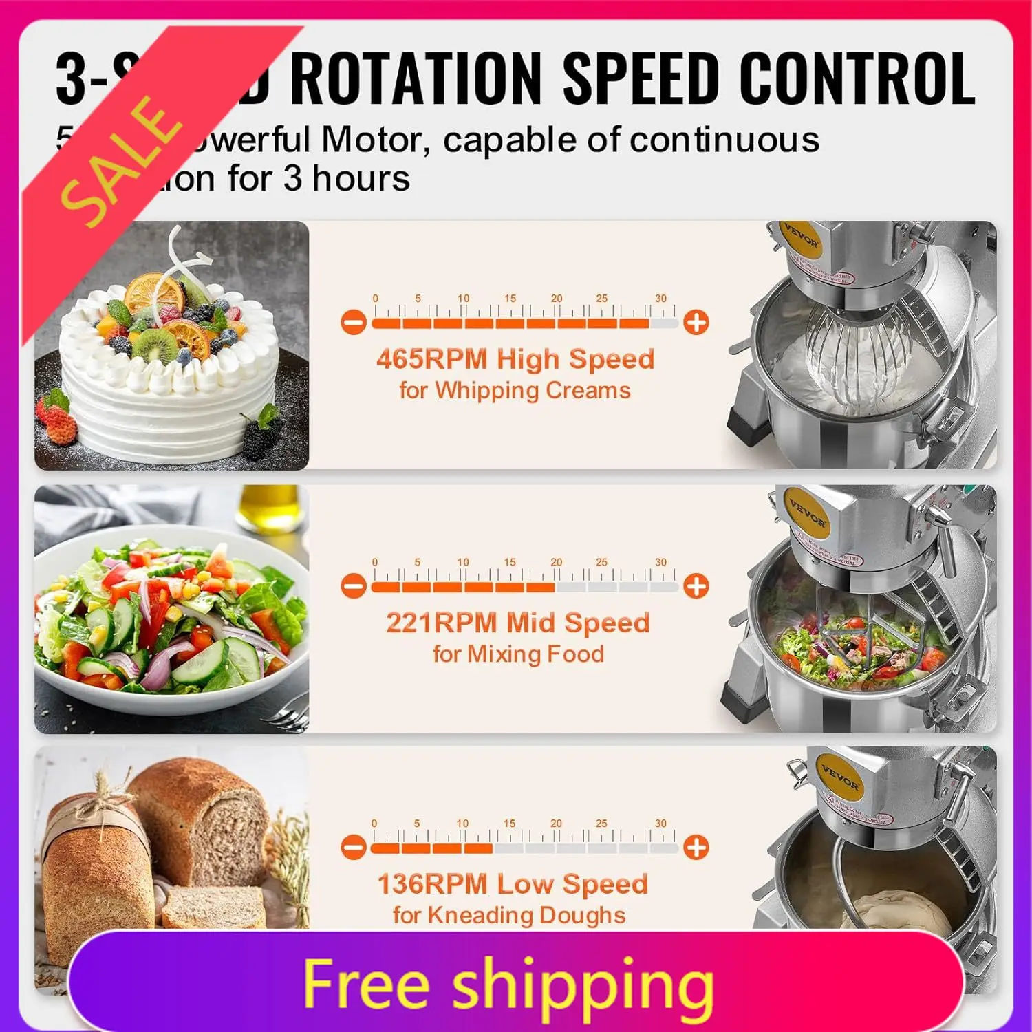 

Commercial Food Mixer, 15Qt Capacity with Timer, 500W Stainless Bowl Durable Electric Mixer for Commercial Use, 3 Speed Options