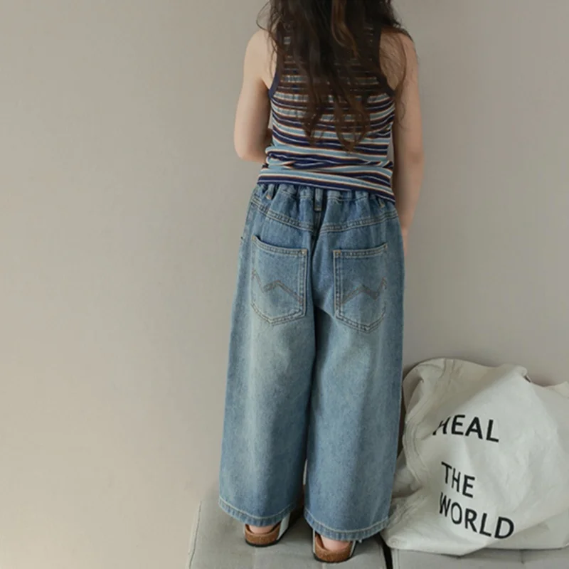 3-8Y Girl Wide Leg Pants All Seasons Skin Friendly And Breathable Elastic Waist Denim Fabric Girls Loose Straight Jeans