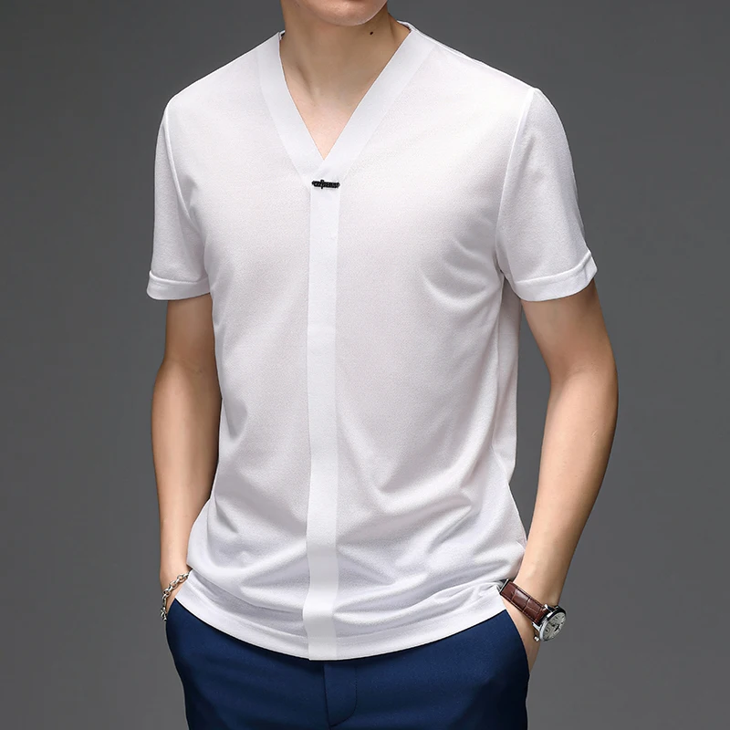 

High Quality 2022 Summer White Silk T Shirts For Mens Vintage Elegant Mens Clothing Large Sizes Gentleman Wide T-shirts Husband