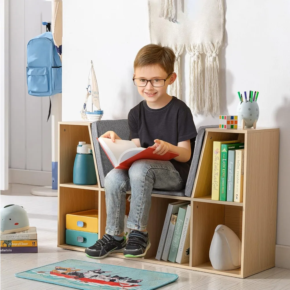 Libreria per bambini a 6 Cubby con angolo di lettura e cuscino, Organizer multiuso per camera da letto, soggiorno