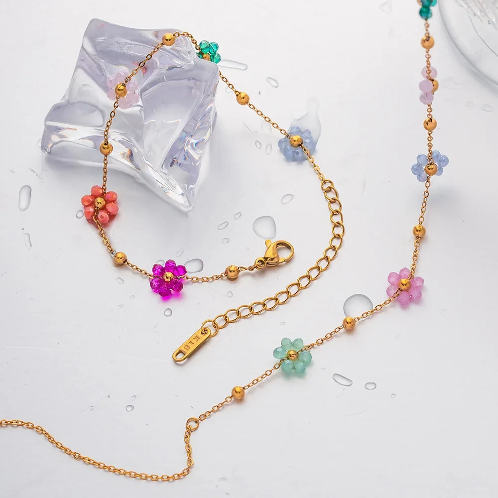 Minar Cute Lovely 18K Gold PVD Plated Stainless Steel Rainbow Glass Acrylic Flowers Strand Pendant Necklaces for Women Choker