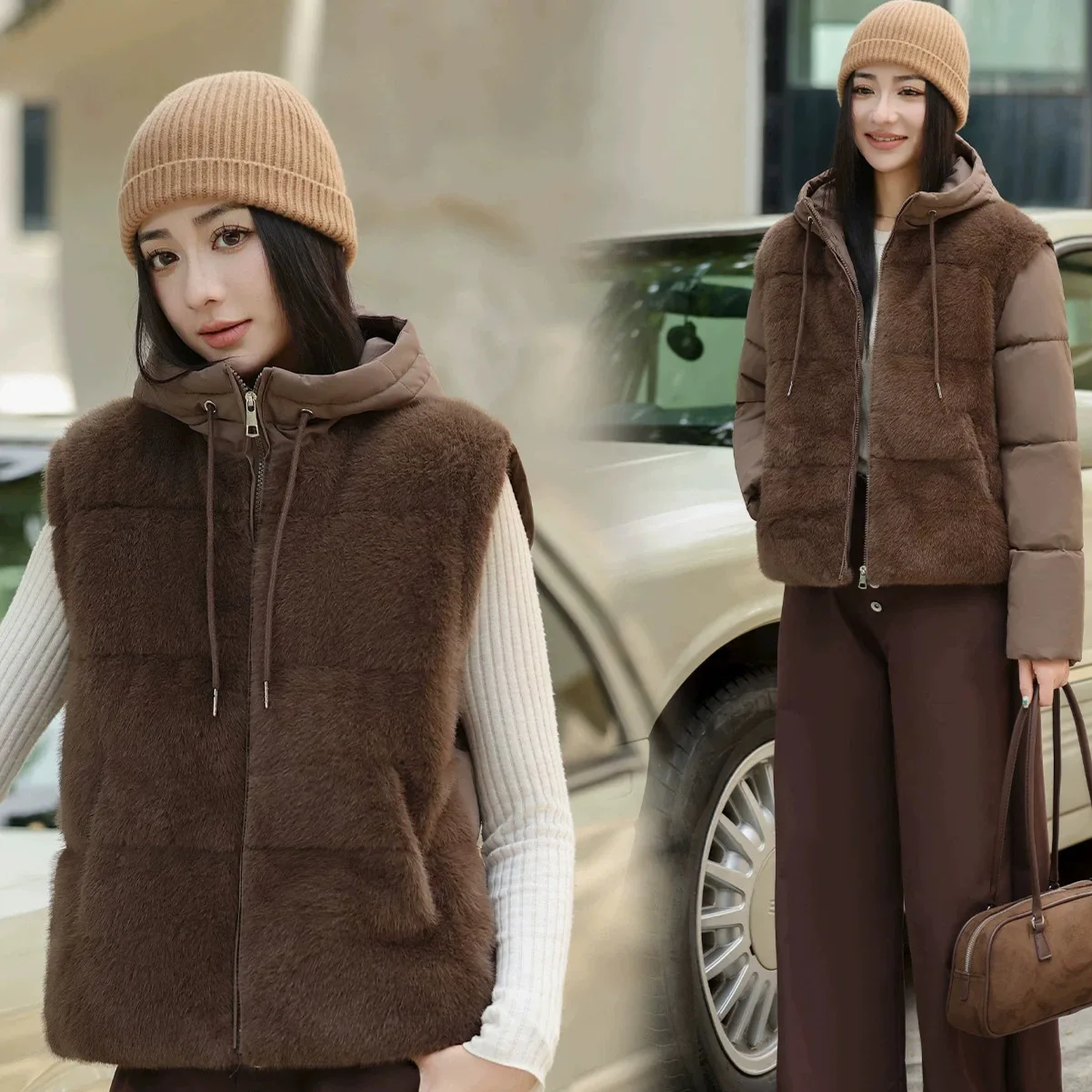 Women Jacket Winter Down Cotton Jacket Warm Hooded ParkasOutwear Removable Sleeve Splicing Cotton Padded Jacket Female Outerwear