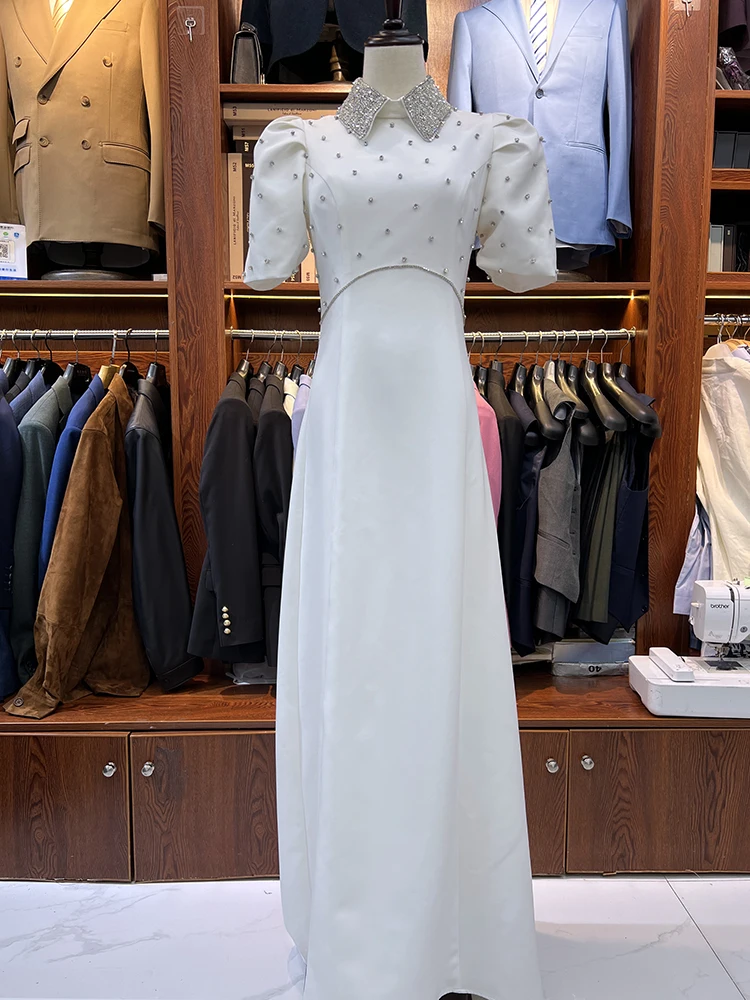 Customized women's shirt collar white beaded evening gown, adjustable size and color for special occasions