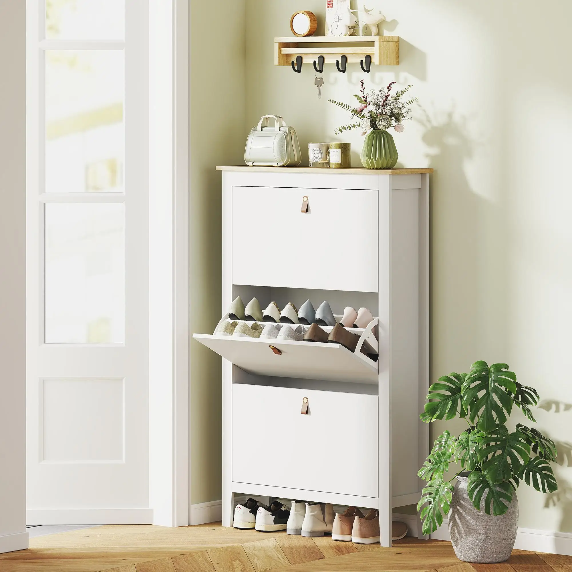 Meuble à chaussures moderne à 3 compartiments Blanc, jusqu'à 24 cm de large, vert. Dépôts et poignées en PU
