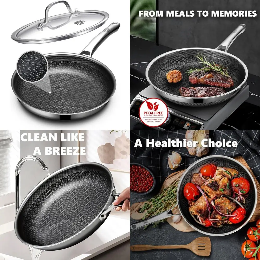 

12 Inch Nonstick Hybrid Skillet with Lid, Stainless Steel, Dishwasher & Oven Safe, Induction Compatible, PFOA Free Cookware