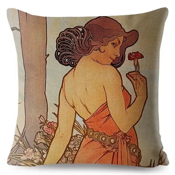 Art Nouveau Mucha Gallery Cushion Cover Beige Pillowcase Car Sofa Home Decor