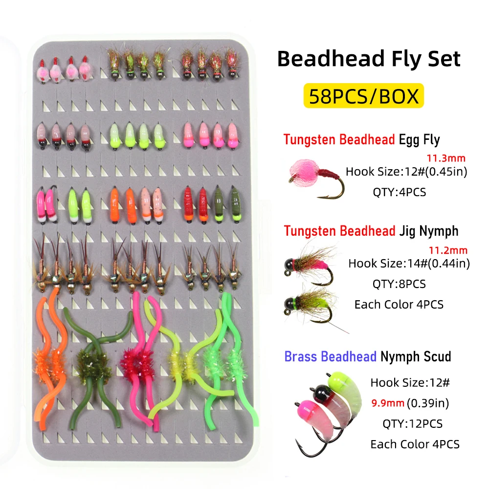 58PCS/Box Fly Fishing Lure Set Tungsten Bead Head Jig Nymph Brass Bead Head Wet Nymph Copper John San Juan Worm Fishing Flies