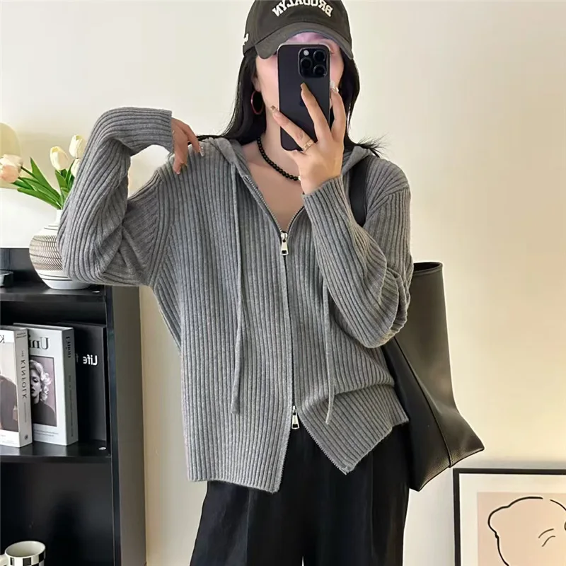Korean Style Women's Hooded Sweatshirt Jacket 2025 Autumn New Solid Loose Knit Zip Up Hooded Cardigan Y2k Streetwear Women
