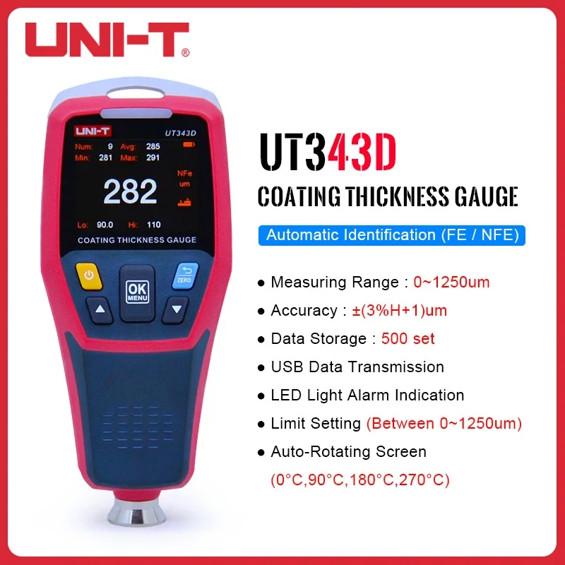 UNI-T Digital Thickness Gauge Metal Coating FE/NFE Auto Recognition Detector Car Automotive Paint Tester Meter UT343A/UT343D