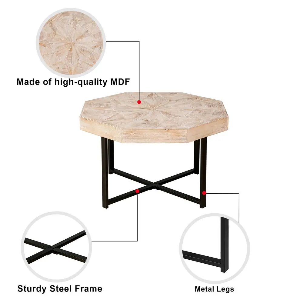 Ośmiokątny drewniany stolik kawowy 76 cm w stylu patchworkowym, rustykalnym, z metalowymi krzyżowymi nogami, antyczny drewniany stolik akcentujący do salonu.