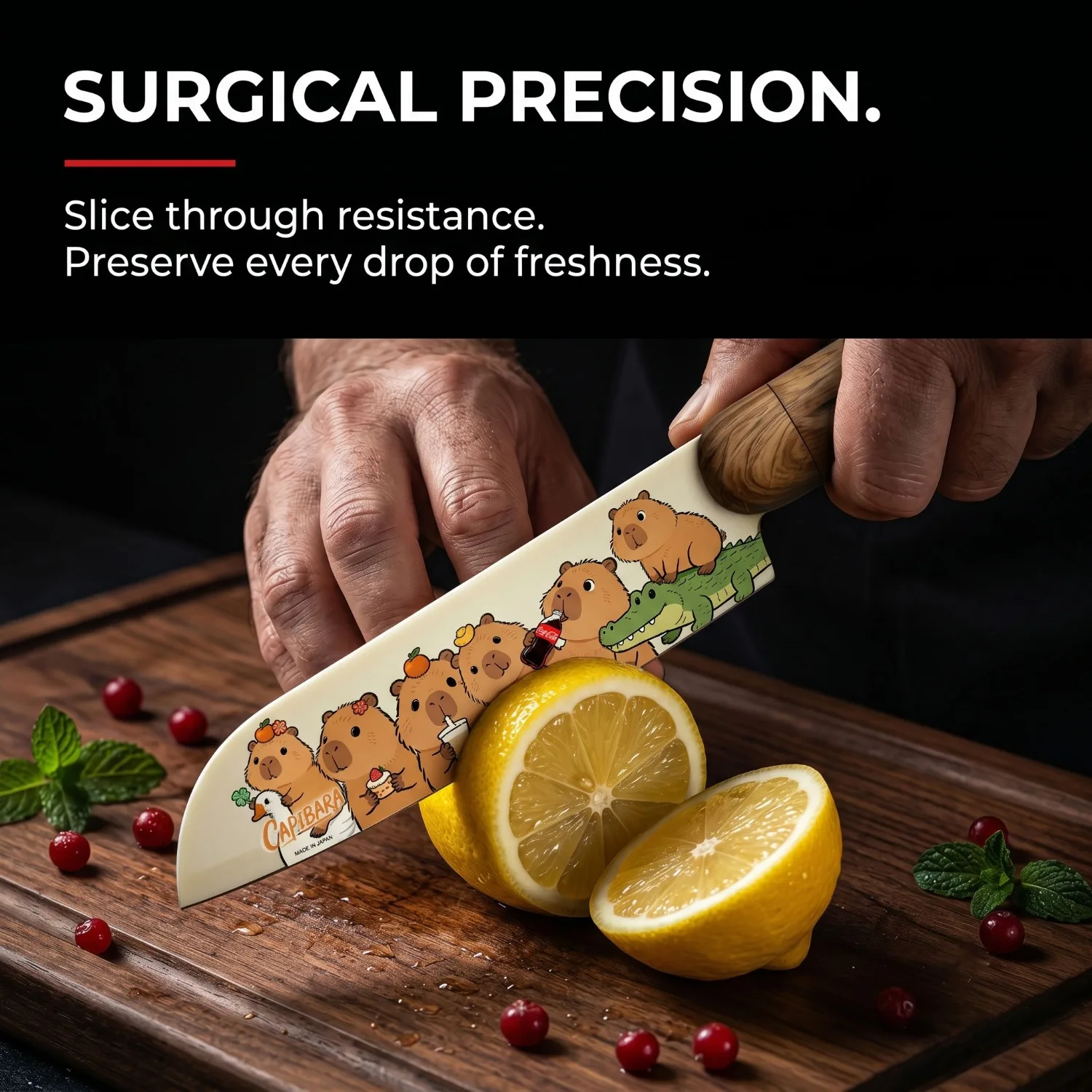 Adorable Cartoon Pattern Stainless Steel Chef Knife with Wood Handle, All-Purpose Santoku Kitchen Knife for Daily Food Prep