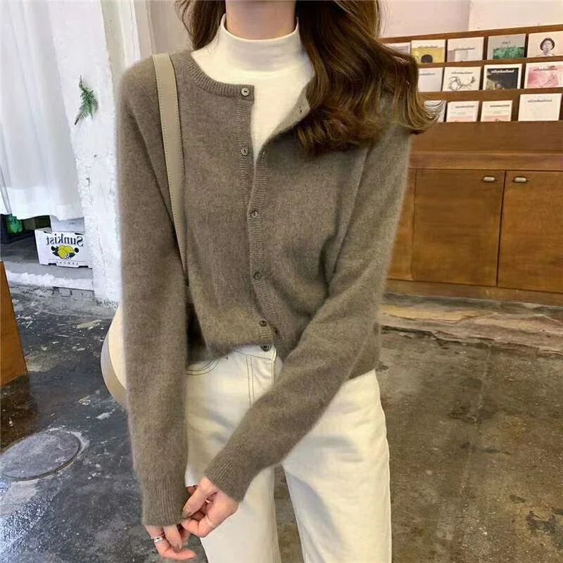 2024 Cashmere Sweater Cardigan Women Single Breasted Long Sleeve Elegant Vintage Jumper Solid Wool Knitted Autumn Winter Outwear