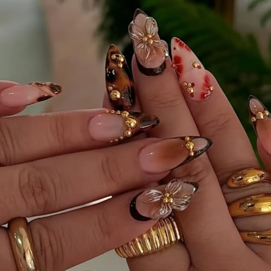 

HOSAILY Medium Almond 3D Brown Gold Flower Press on Nails- Tortoiseshell Leopard French Tip Blossom Gradient Design, 24Pcs Hand