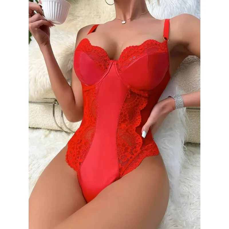 V-neck Faux PU Leather Bodysuit Lace Mesh Transparent Swimsuit Tights High Cut Thong Sukumizu Sexy Body Teddies Lingerie