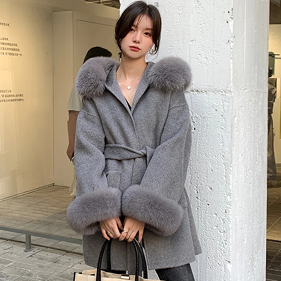 Women's Wool Blends Jacket Fashion Real Fox Fur Collar Cuffs Coat High Quality Winter New Arrival