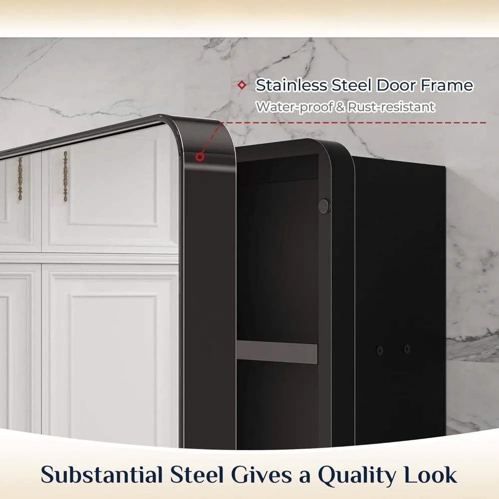 17 X 25 Inch Black Medicine Cabinets for Bathroom with Mirror Stainless Steel Framed Rounded Rectangle Adjustable Shelves