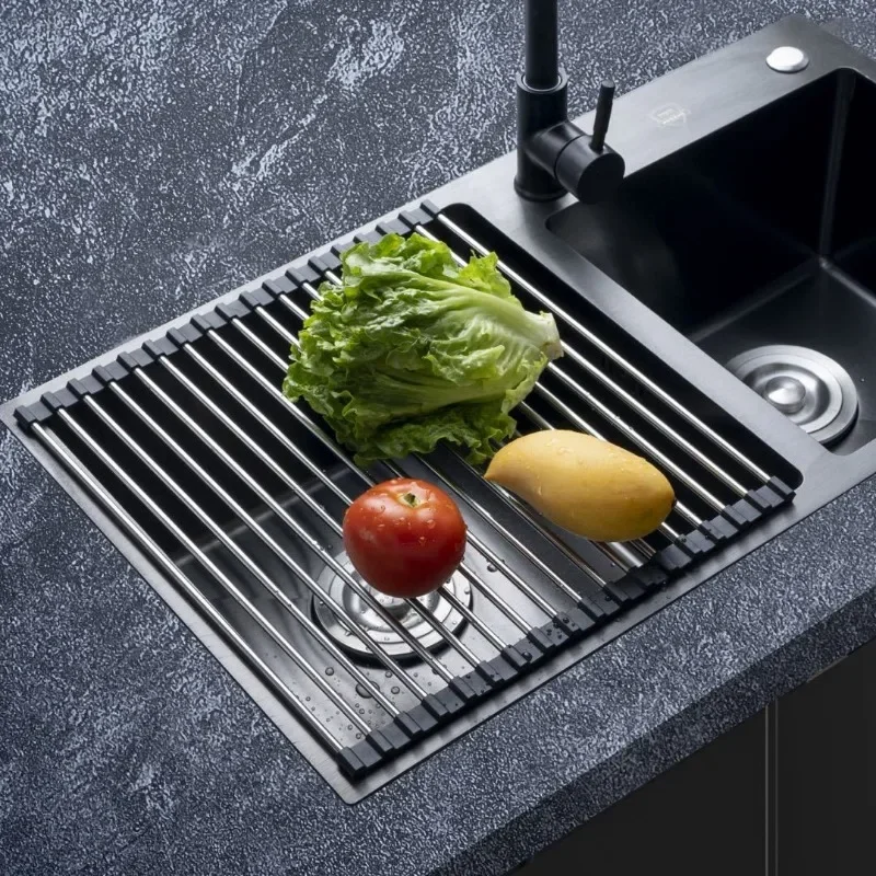 Silicone stainless steel vegetable and fruit bowls dishes drain rack kitchen sink arrangement shelf large tools