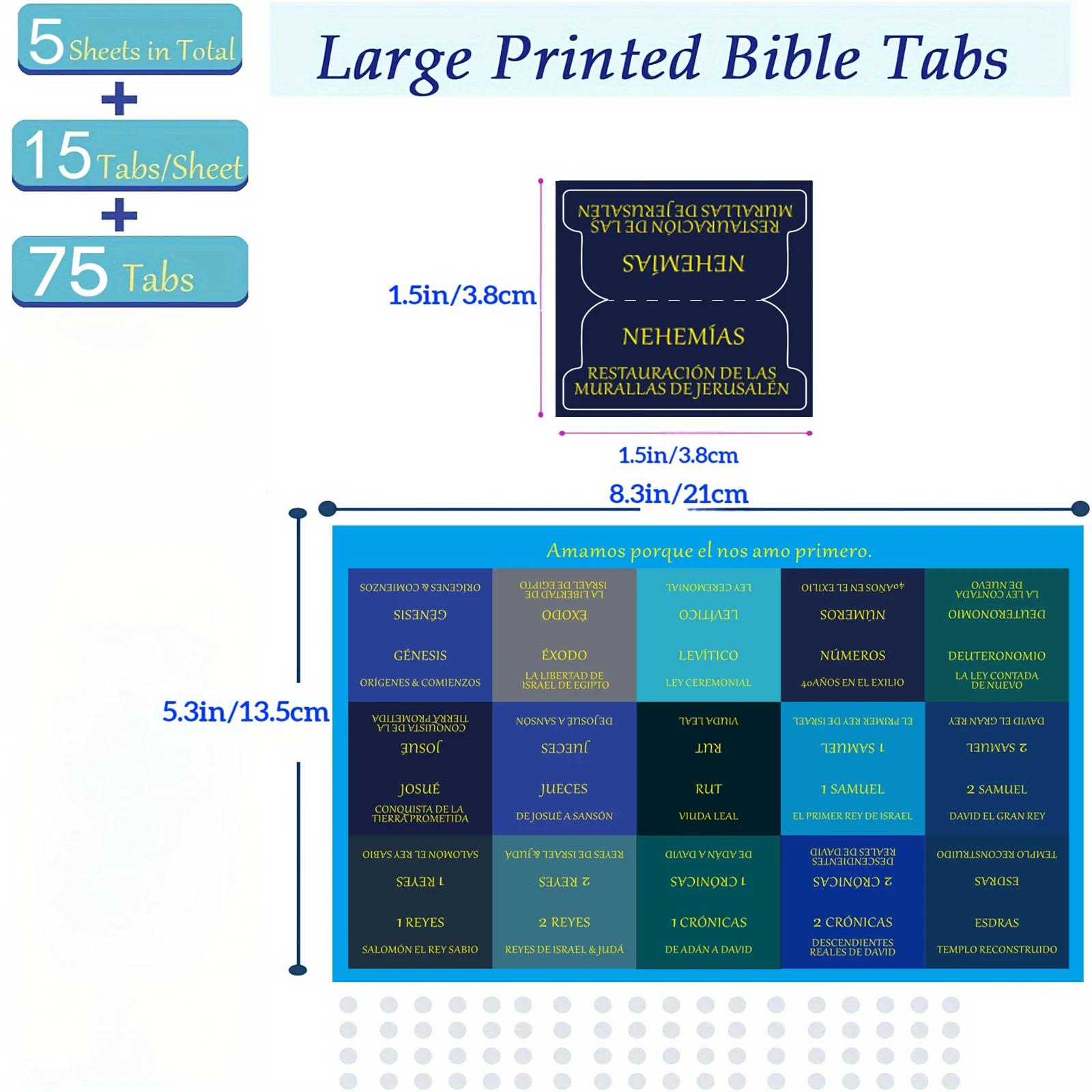 75pcs Spanish Large Print Bible Tabs - Soul Nourishing Book Summaries - Bible Tabs for Women Study Bible, Royal Blue