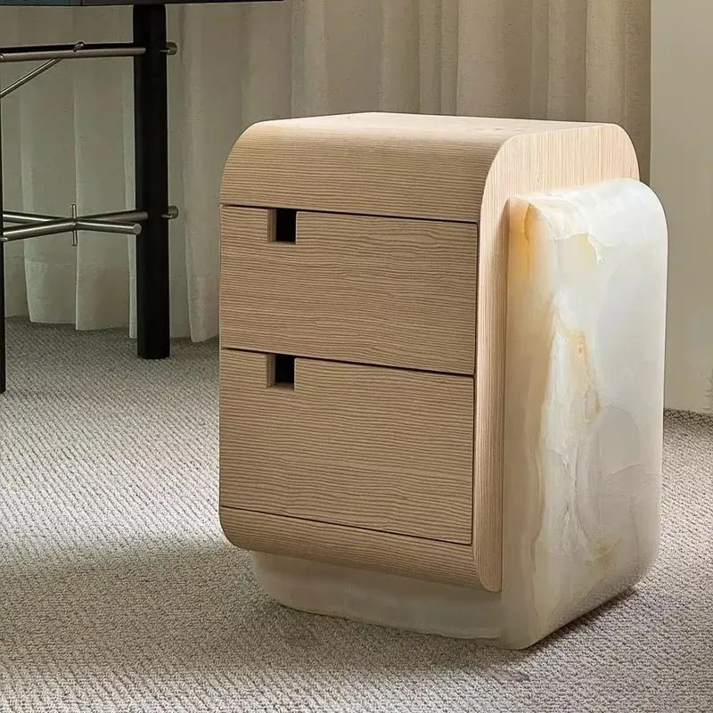 Premium Natural Agate and Solid Wood Bedside Table Luxury Simple Nightstand with Two Drawers